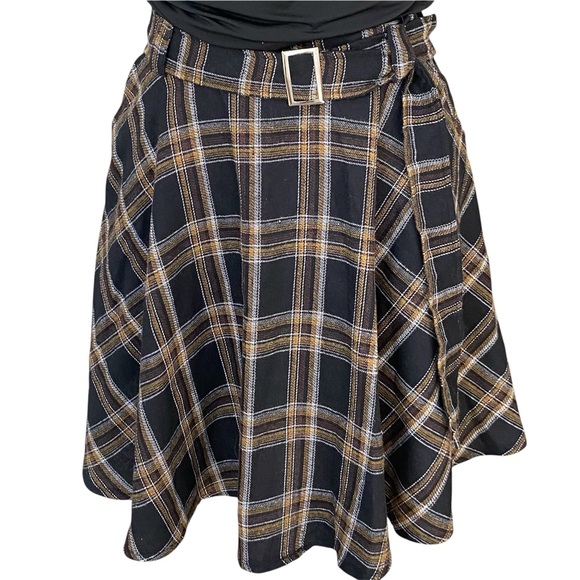 Y2K 90's Plaid Belted Trendy Skirt A-line Black Whimsigoth Retro Grunge L - Picture 1 of 9